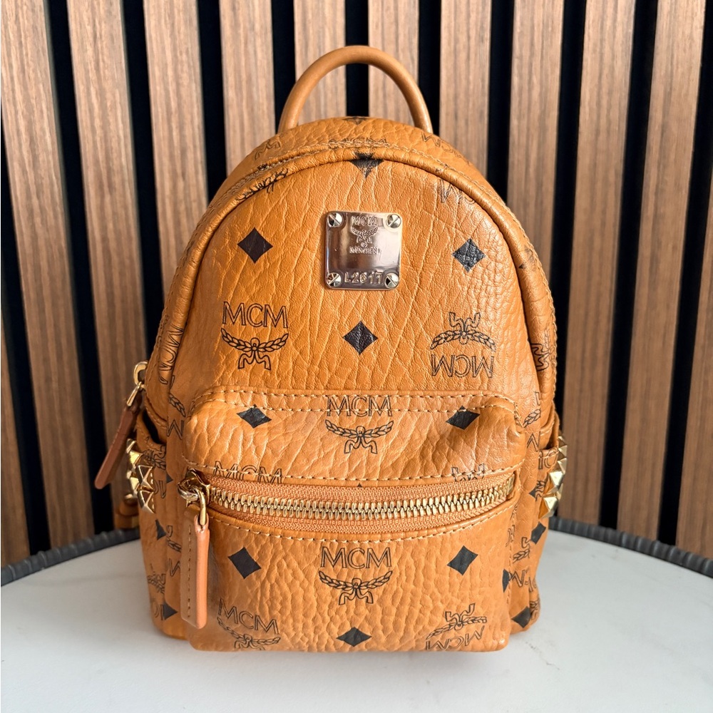 MCM X-Mini Stark Bebe Boo Side Studs Backpack in Visetos Cognac